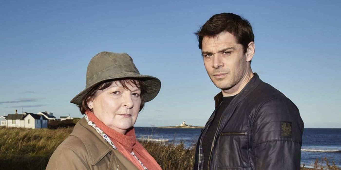 Brenda Blethyn wears a bucket hat and a salmon-colored scarf and stands opposite Kenny Doughty in &lsquo;Vera&rsquo;