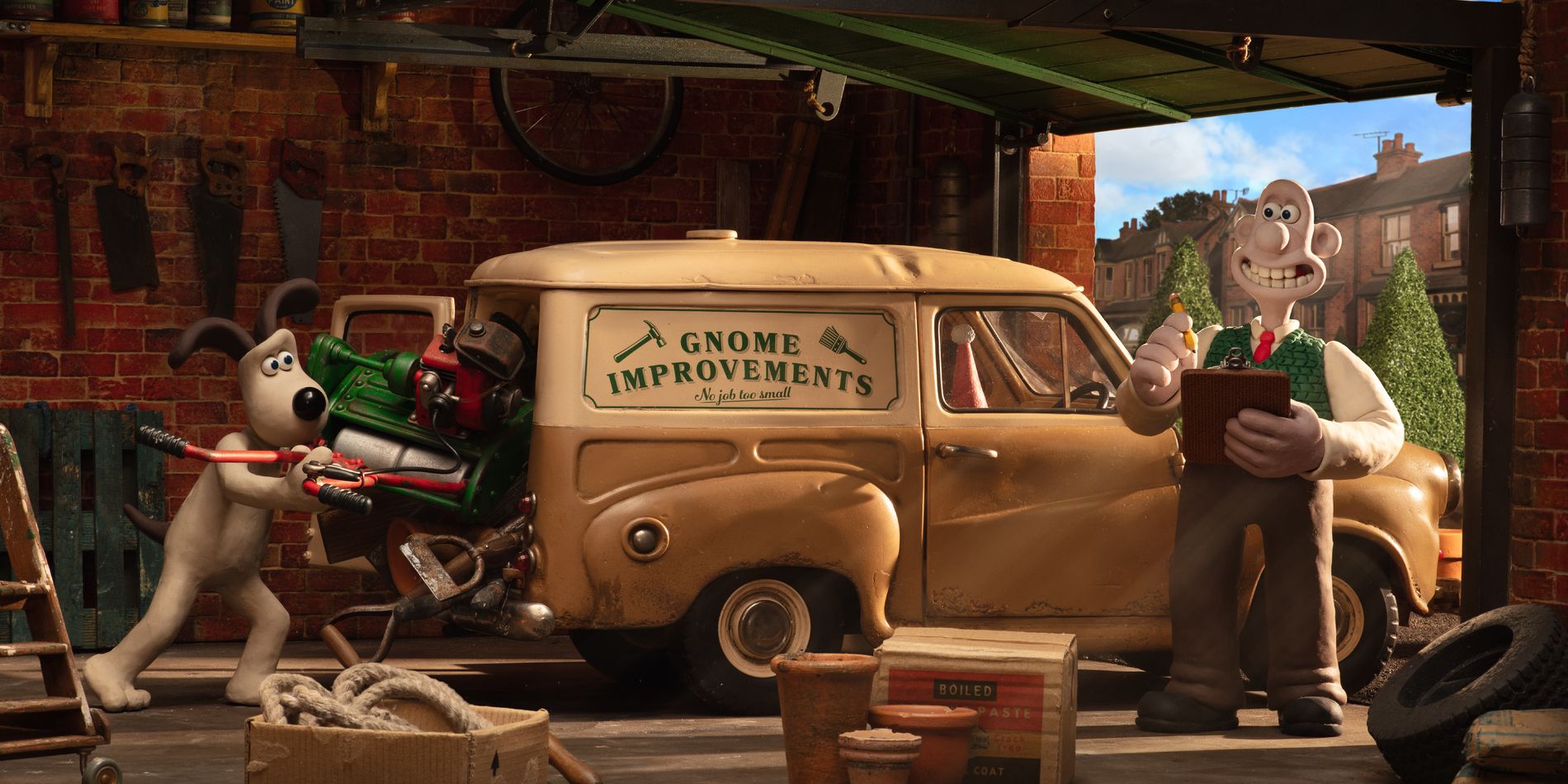 Wallace and Gromit filling up a 'Gnome Improvements' van in "Vengeance Most Foul'