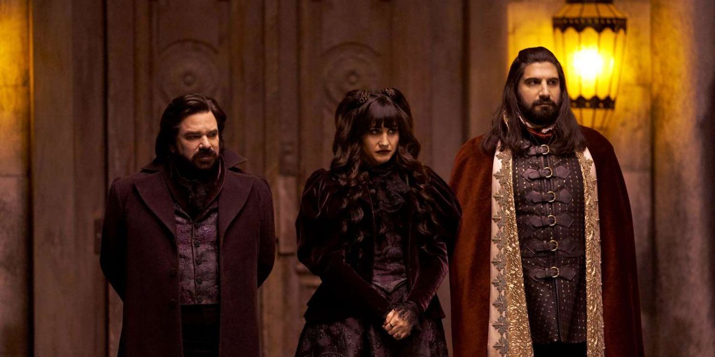 Laszlo, Nadja, and Nandor at their trial in 'What We Do in the Shadows' Season 1.