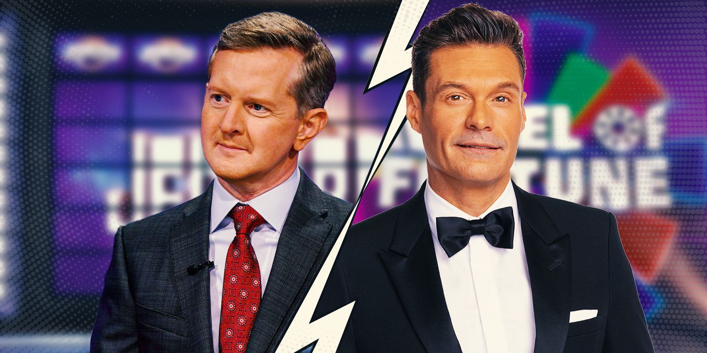 Jeopardy!'s Ken Jennings next to Wheel of Fortune's Ryan Seacrest with a lightning divider between them