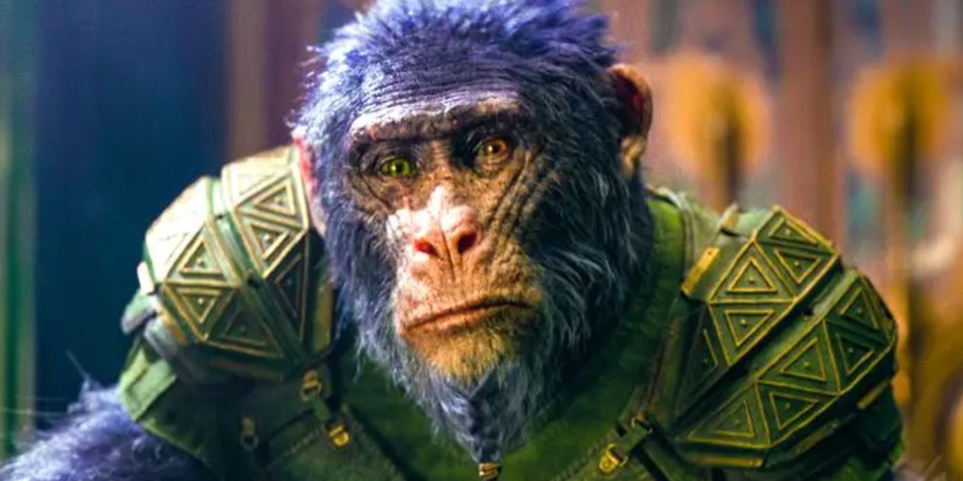 A monkey guard wearing armor and looking deep in thought in Wicked.