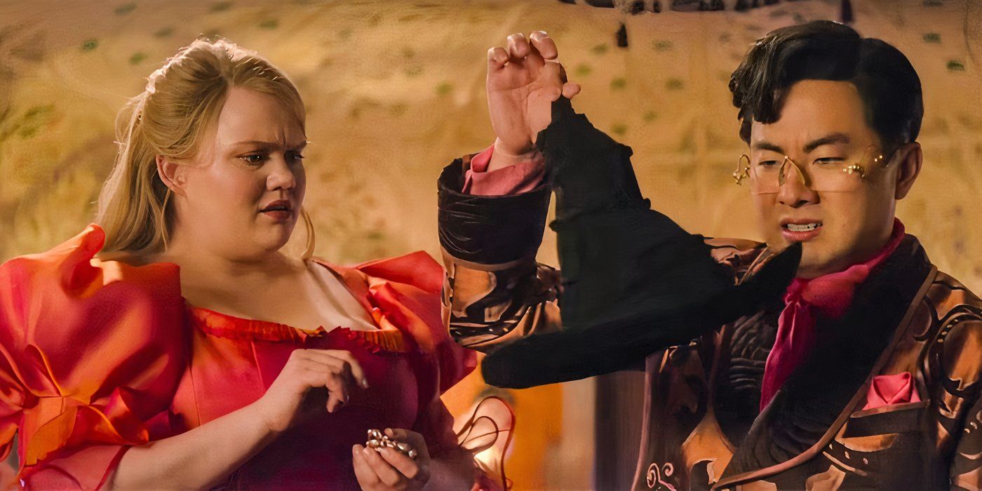 ShenShen (Browyn James) and Pfannee (Bowen Yang) look horrified at the black hat in &lsquo;Wicked&rsquo;