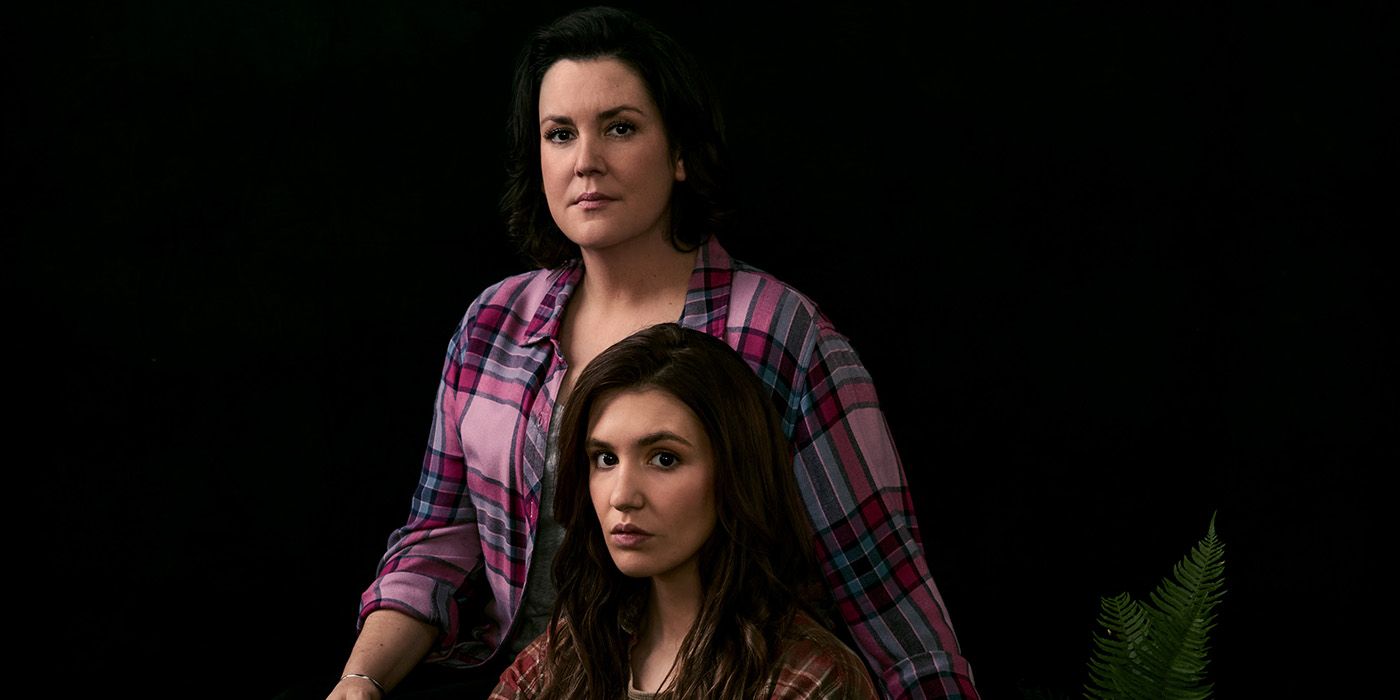 Melanie Lynskey as Shauna and Sophie Nélisse as Teen Shauna in Yellowjackets Season 3