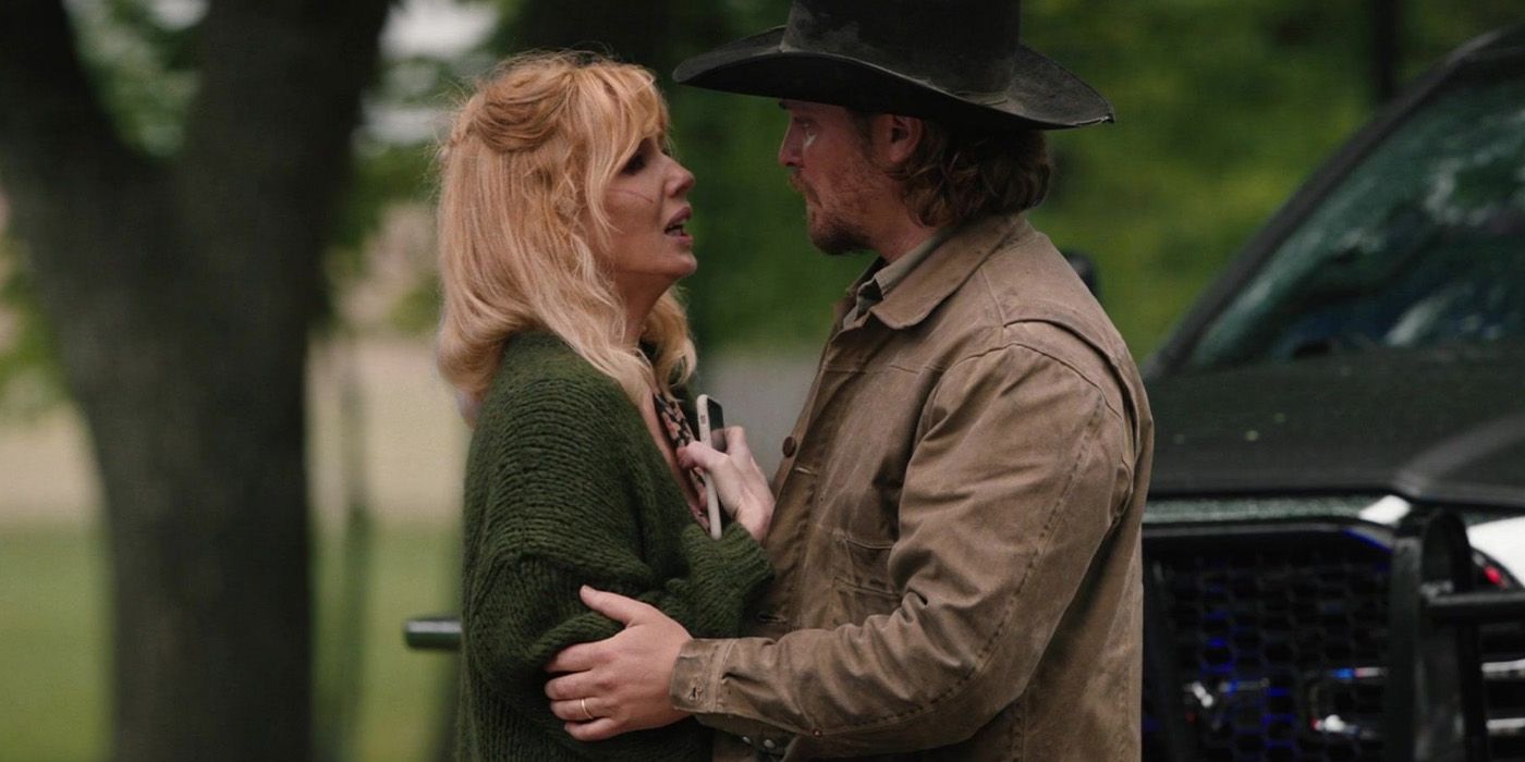 Beth Dutton (Kelly Reilly) and Kayce Dutton (Luke Grimes) mourn their father on 'Yellowstone.'