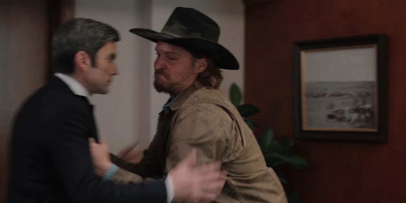 Kayce Dutton (Luke Grimes) throws his brother Jamie (Wes Bentley) after discovering his father's murder in the 'Yellowstone' episode "Three Fifty-Three."