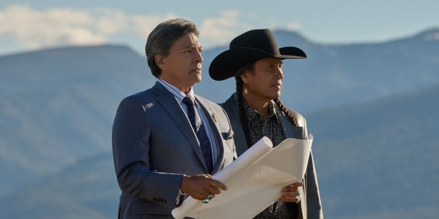 Gil Birmingham and Mo Brings Plenty looking out at the land