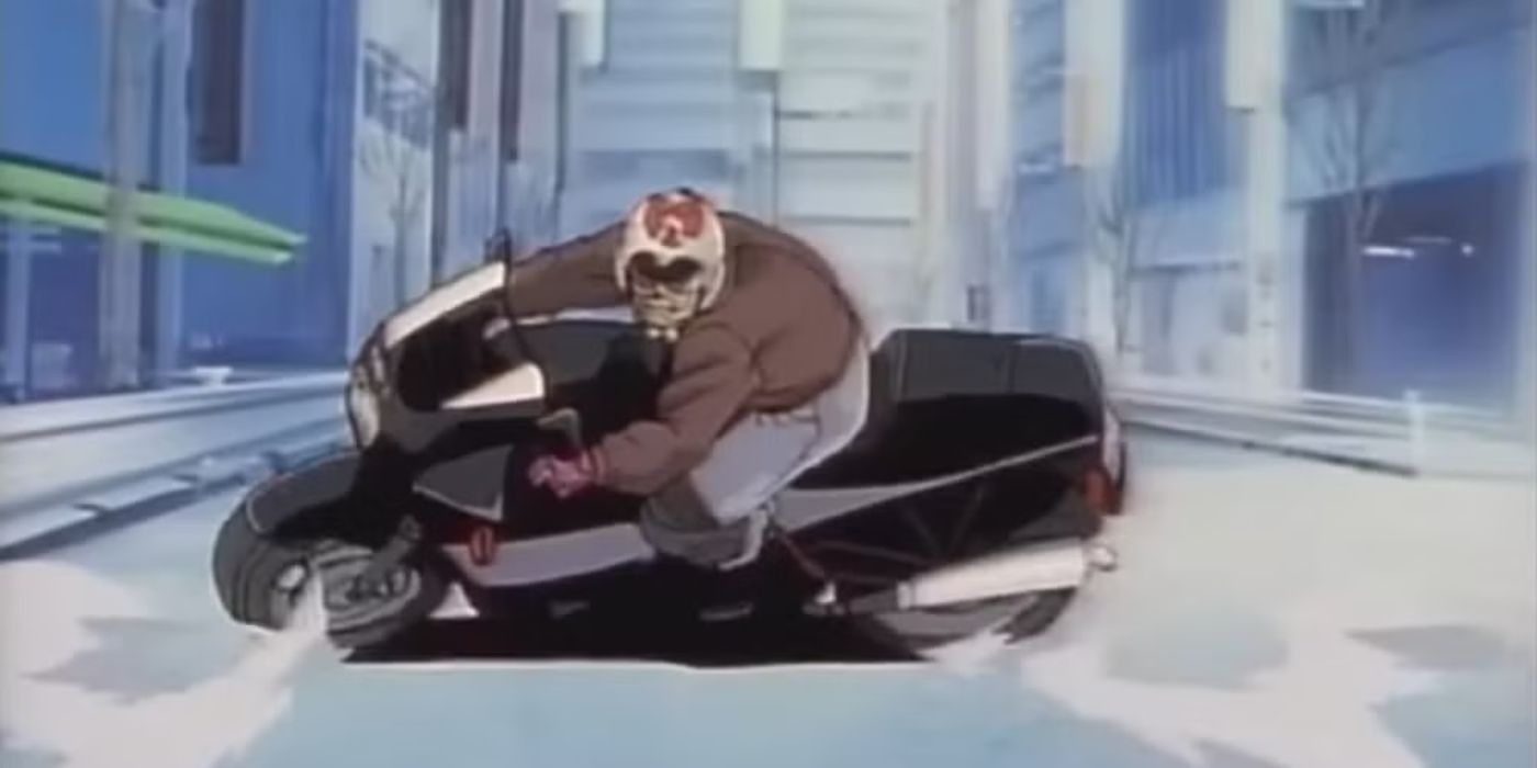 Un personaje que conduce una motocicleta y se desliza al estilo Akira en la serie de anime 