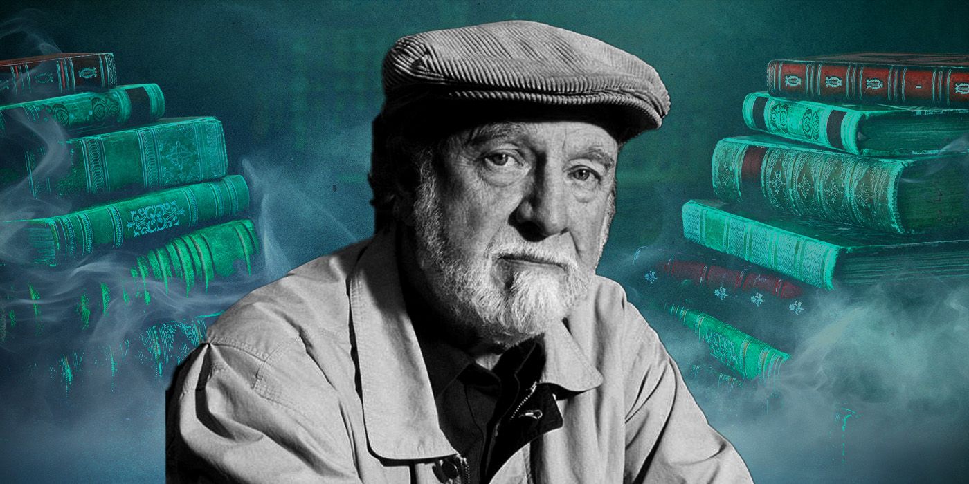 Author Richard Matheson seated in front of two stacks of books.