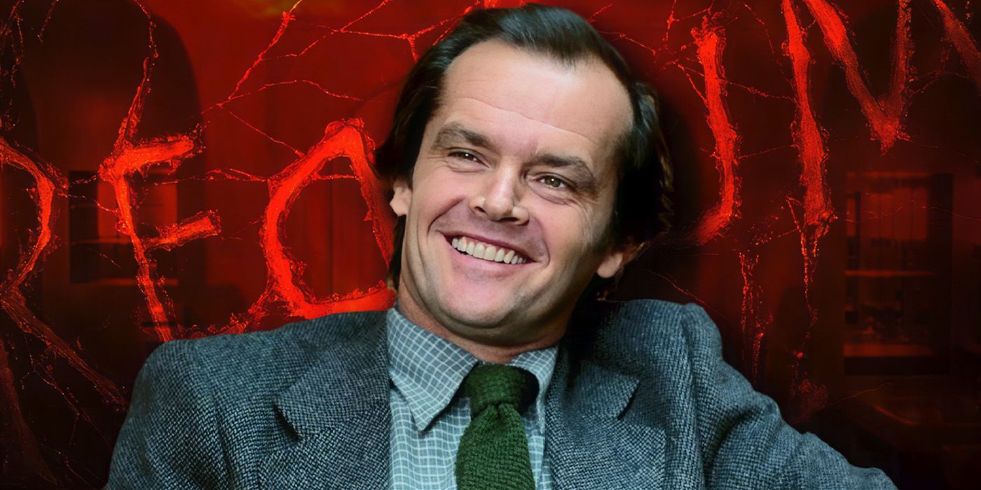 Jack Torrance, played by actor Jack Nicholson, smiles in front of a red background bearing the word 'Redrum'.