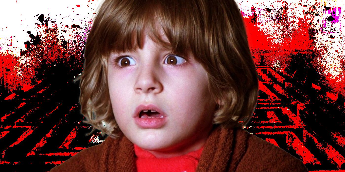 Danny Torrance, played by actor Danny Lloyd, looking fearful in front of a red and black hedge-maze backdrop.