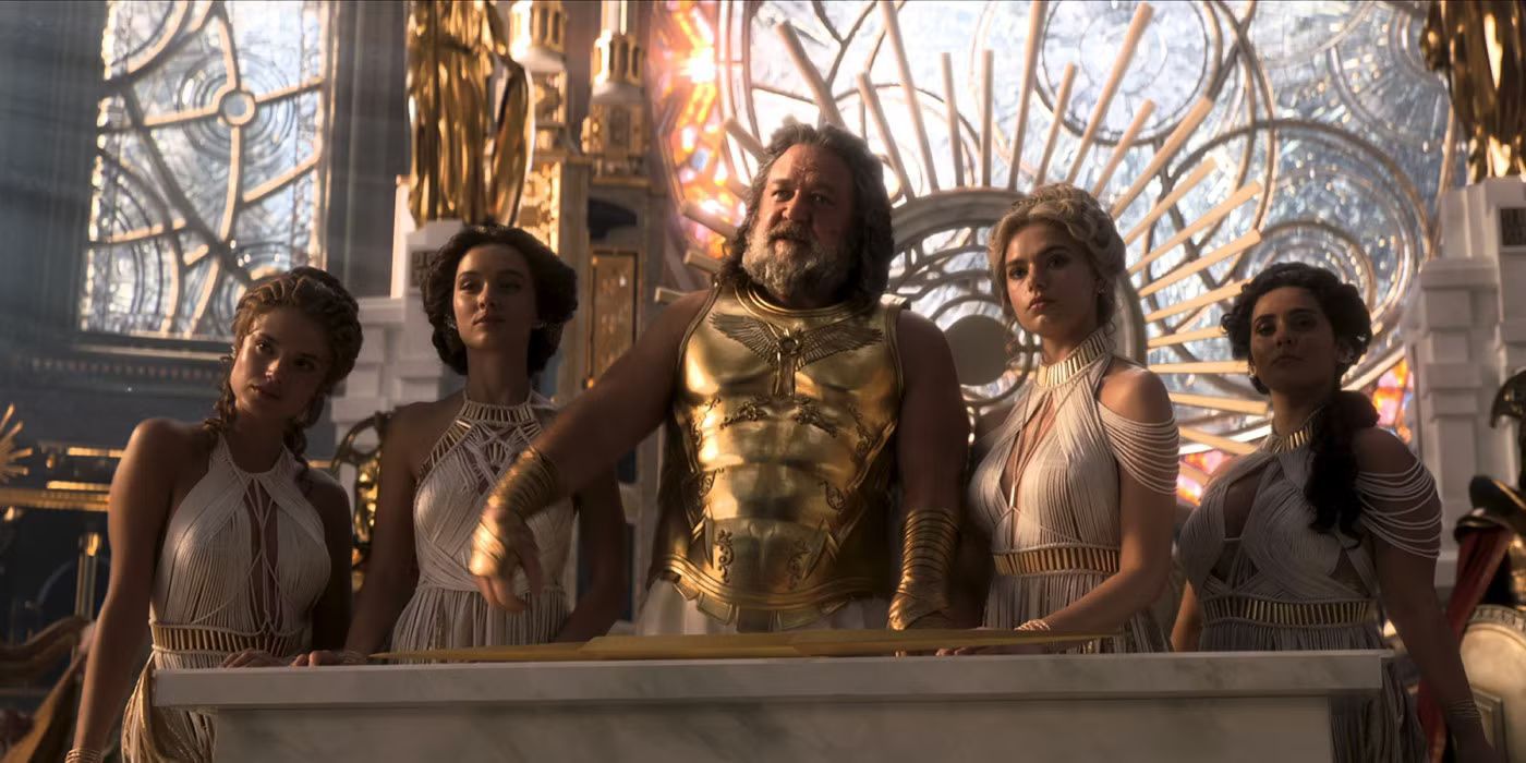 Zeus surrounded by women in Thor: Love and Thunder