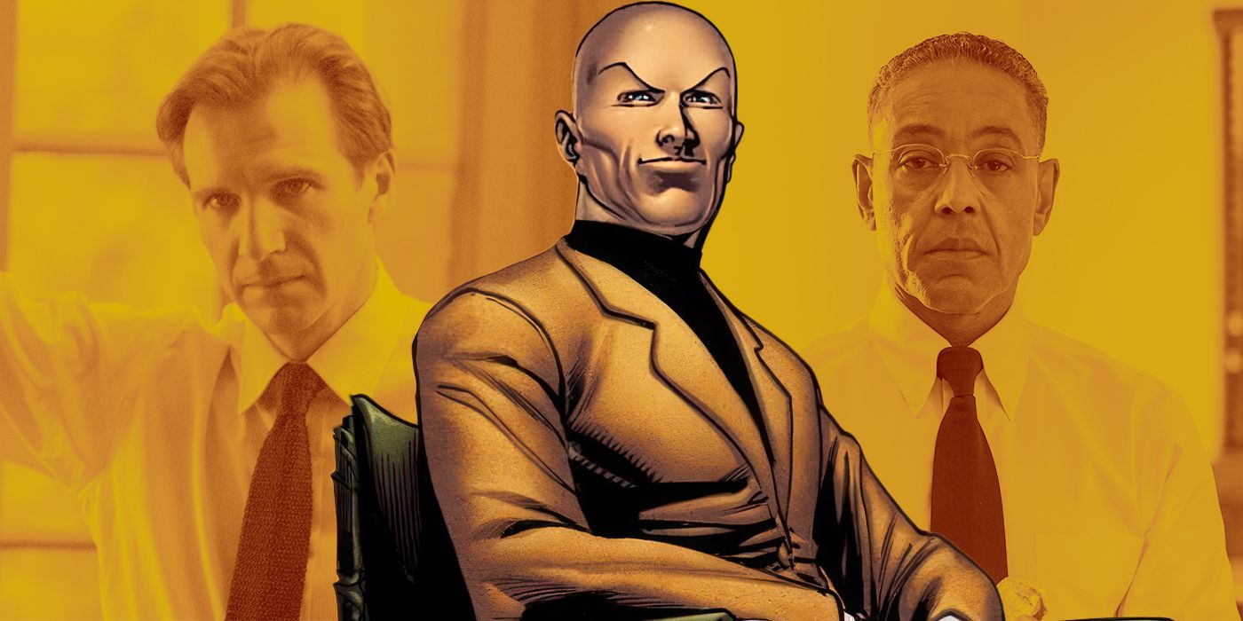 Blended image showing Ralph Fiennes and Giancarlo Esposito with Professor X from the comics.