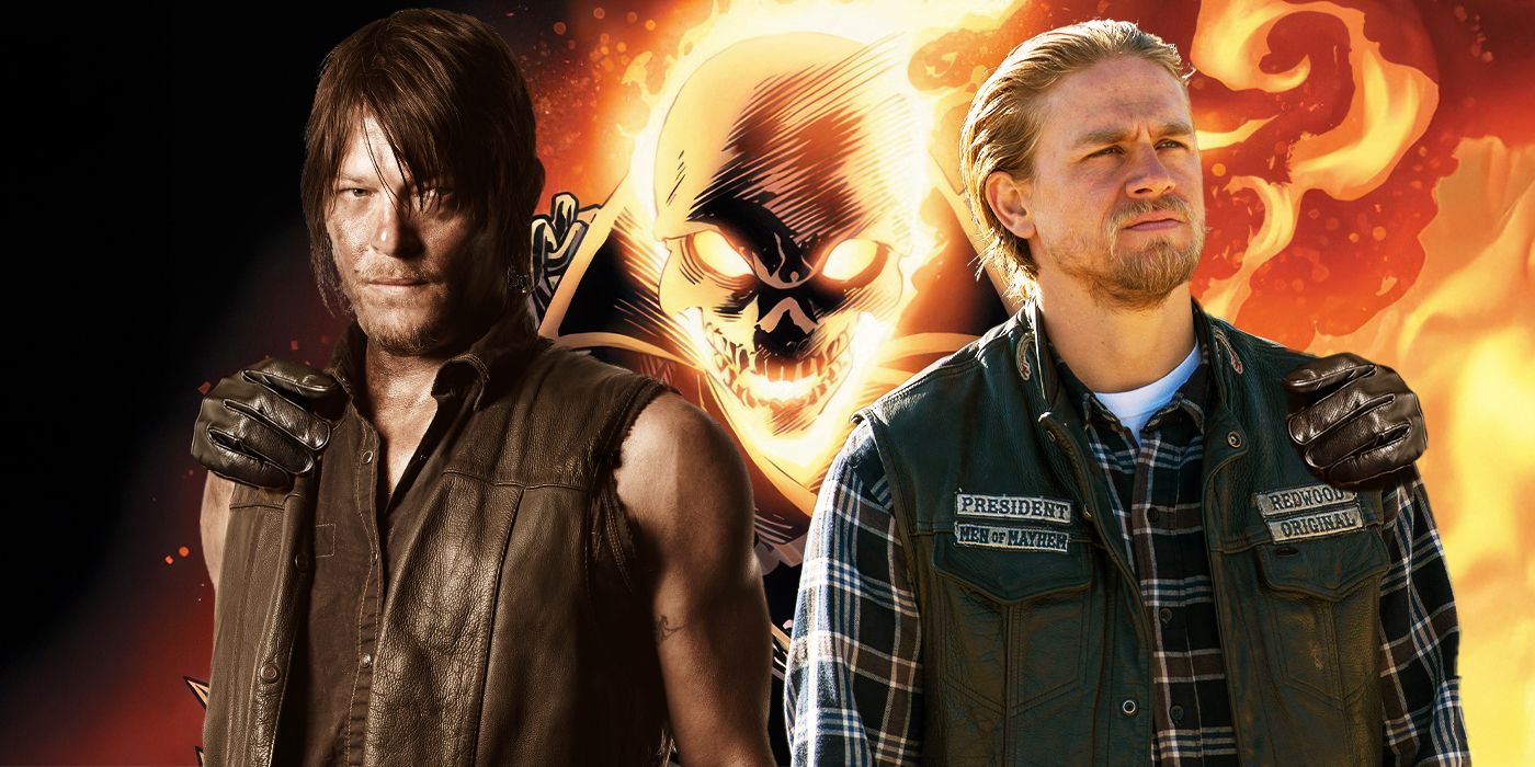 Blended image showing Norman Reedus and Charlie Hunnam being embraced by the Ghost Rider.