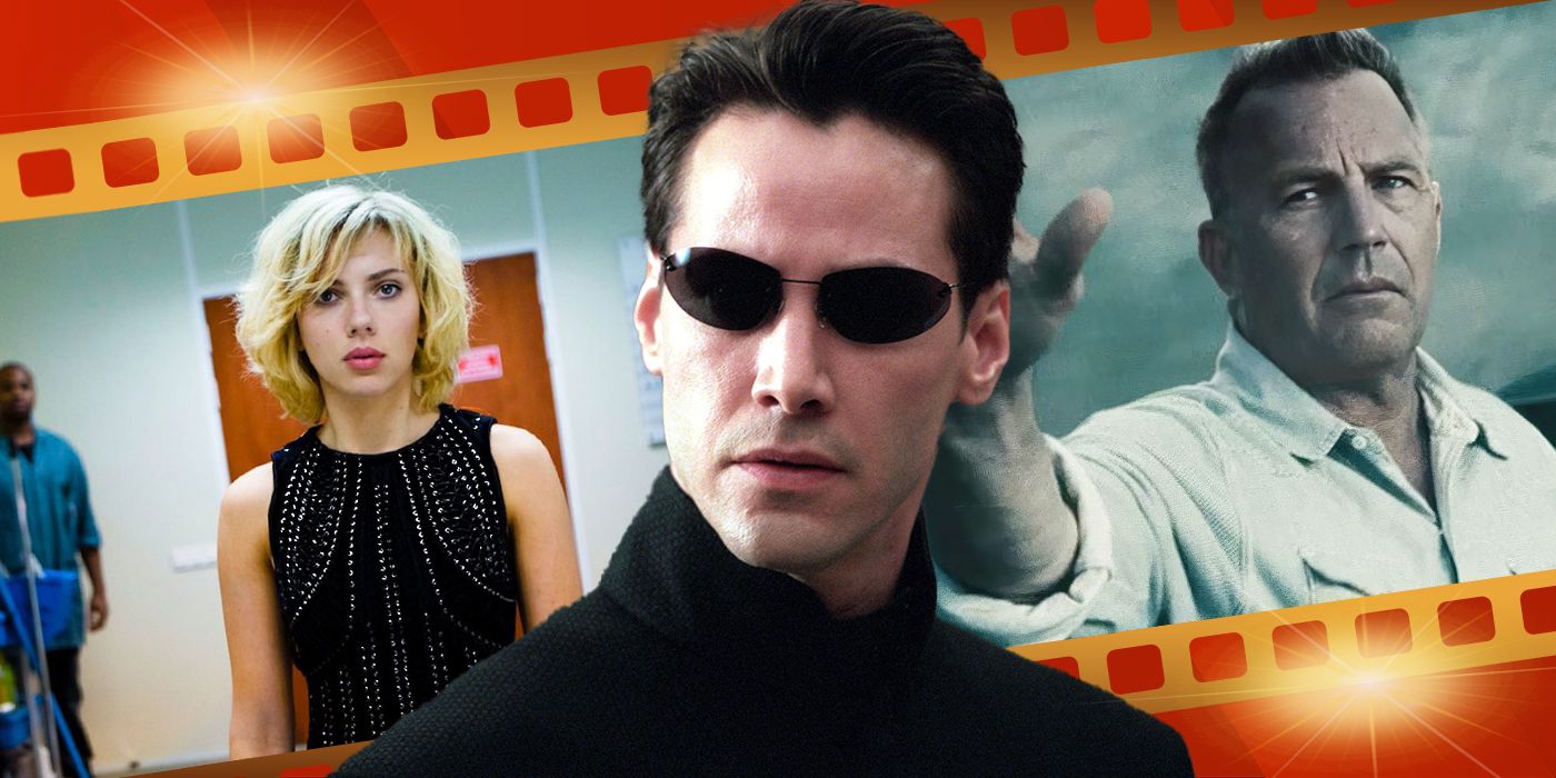 Blended image showing characters from Lucy, The Matrix Reloaded, and Man of Steel