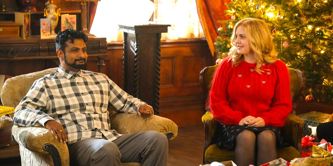 Utkarsh Ambudkar and Rose McIver in Ghosts' 2024 Christmas Special