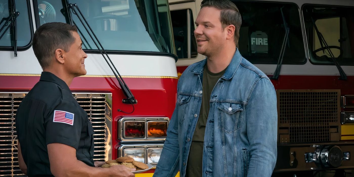 Owen (Rob Lowe) and Judd (Jim Parrack) in front of a fire engine in '9-1-1: Lone Star'