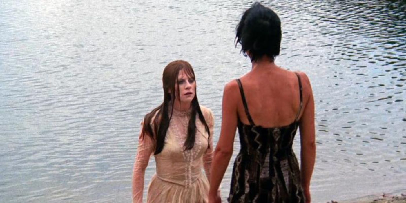 Gretchen Corbett as the Mute Girl, standing wet next to a lake in Let's Scare Jessica to Death