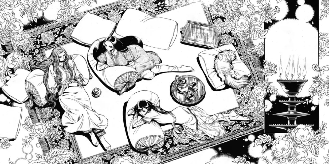 A bunch of women sitting on a bed in A Bride's Story manga