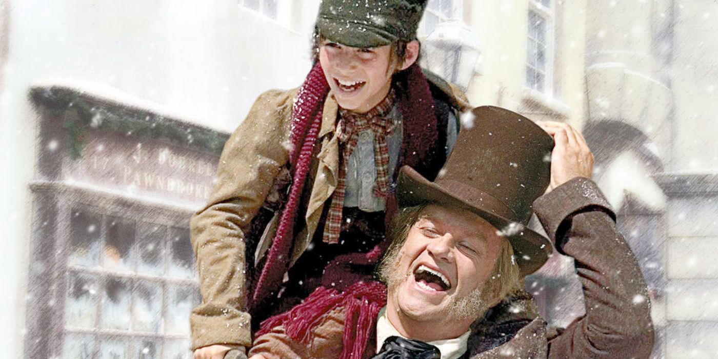 Scrooge carries Tiny Tim on his shoulder for the 2004 A Christmas Carol promotional poster