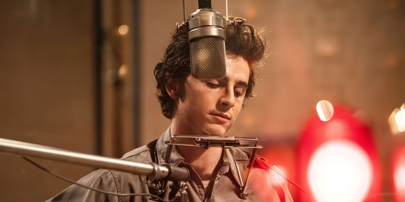 Timothee Chalamet as Bob Dylan in a recording studio in A Complete Unknown