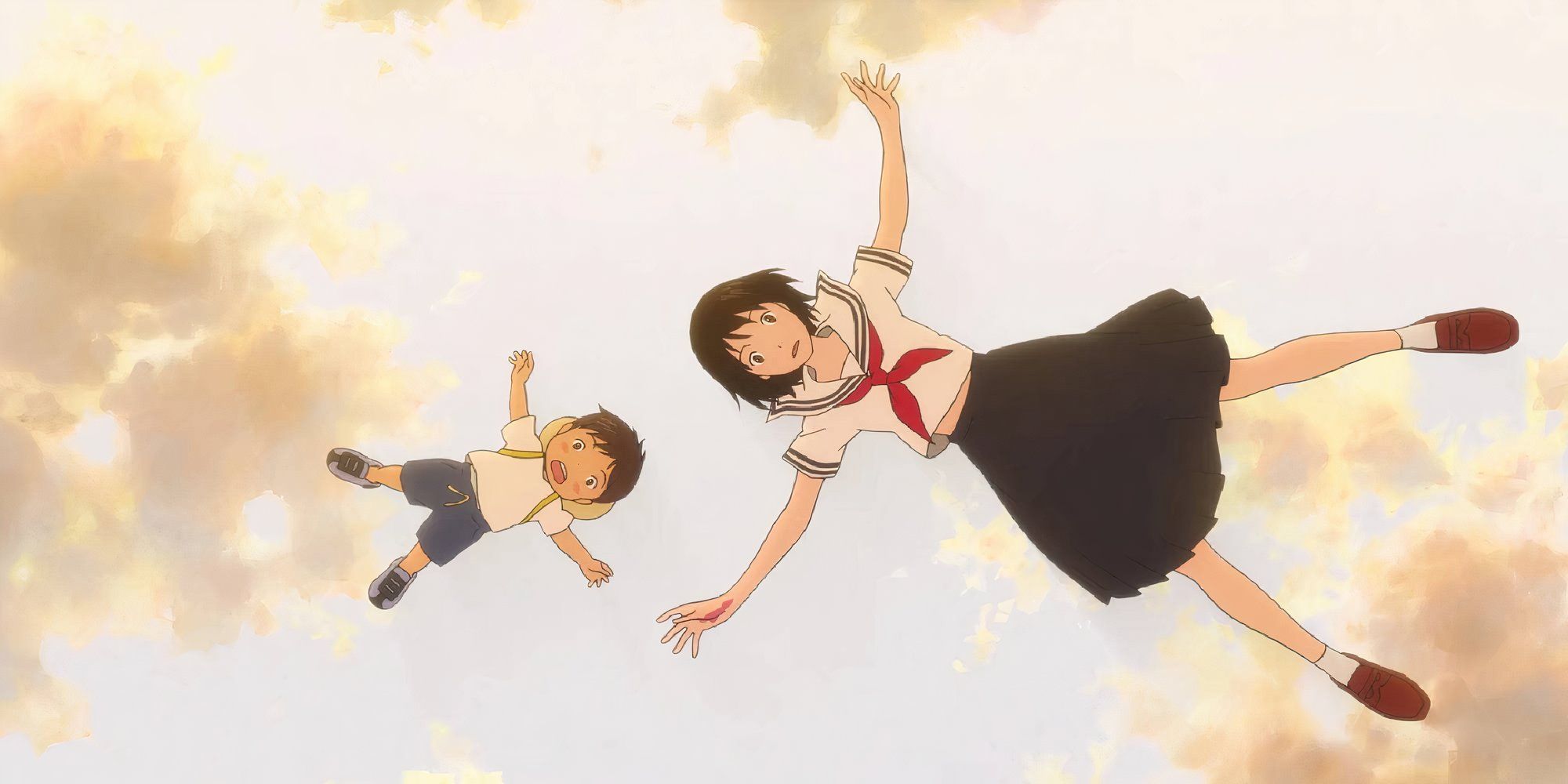 A girl and a little boy with open arms looking at the camera floating in the sky in Mirai