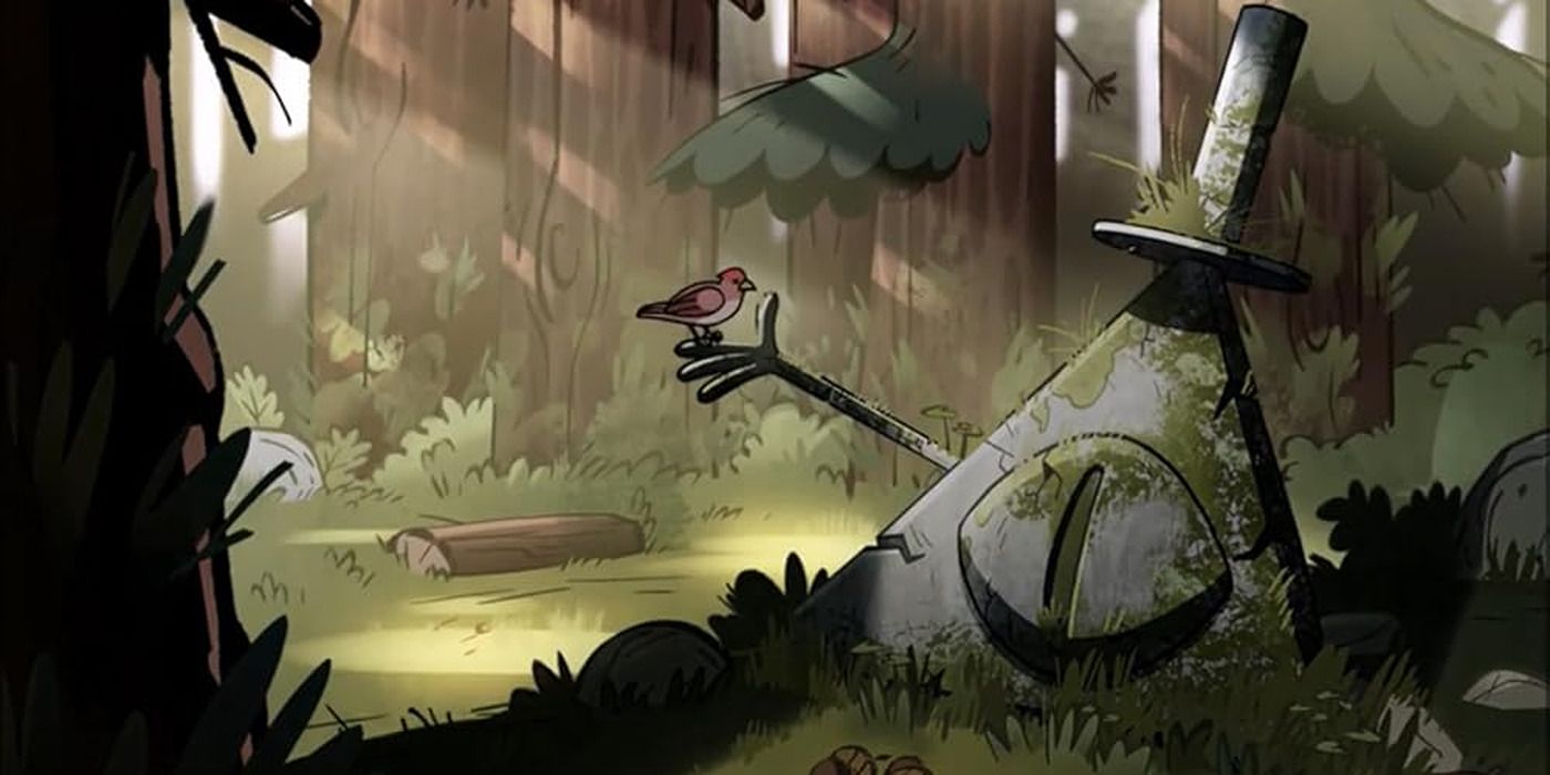 A statue of bill in the forest in &lsquo;Somewhere in the Woods&rsquo; from &lsquo;Gravity Falls&rsquo;.