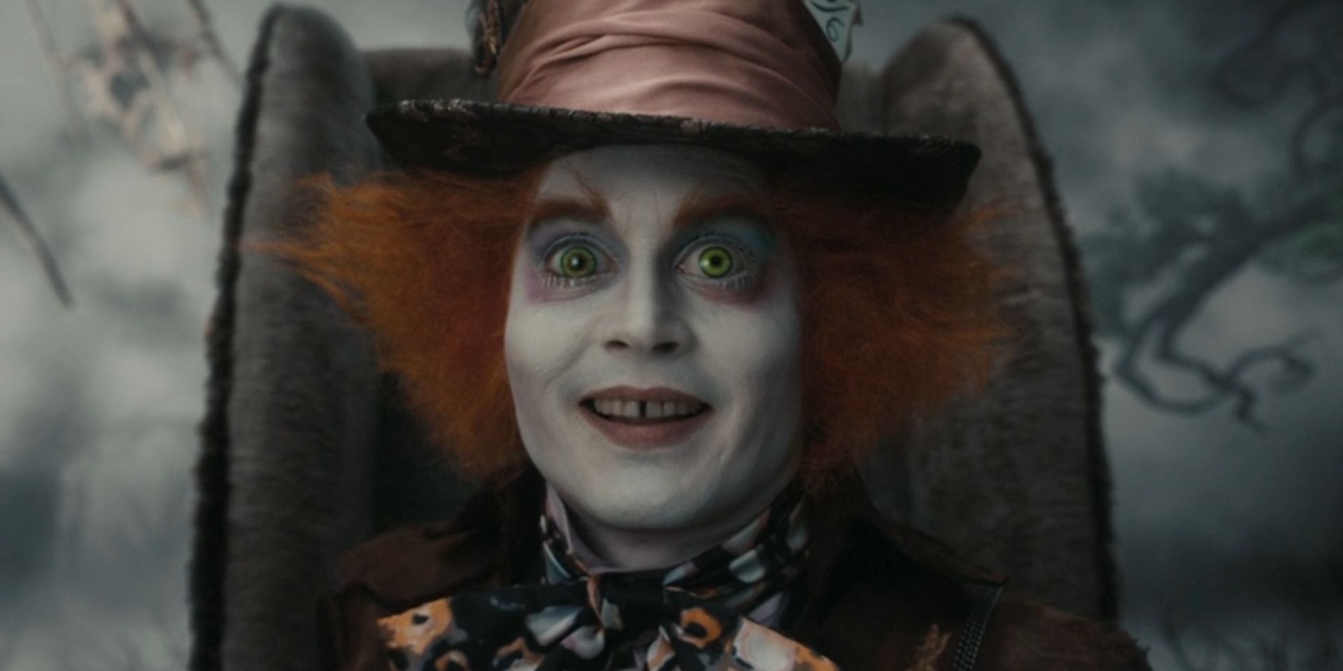 Mad Hatter, played by Johnny Depp, smiles in 'Alice in Wonderland'.