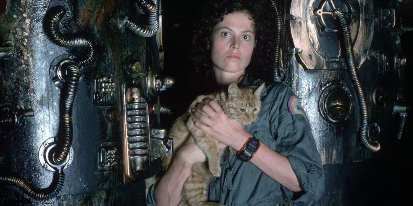 A promotional photo of Sigourney Weaver and Jones the cat in 'Alien'