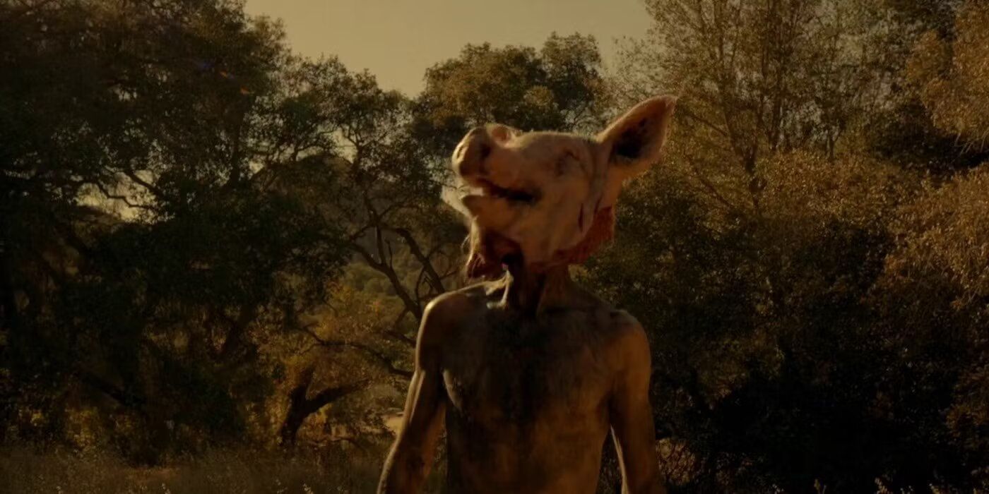 Piggy Man wears the decapitated head of a pig in the forest in American Horror Story.
