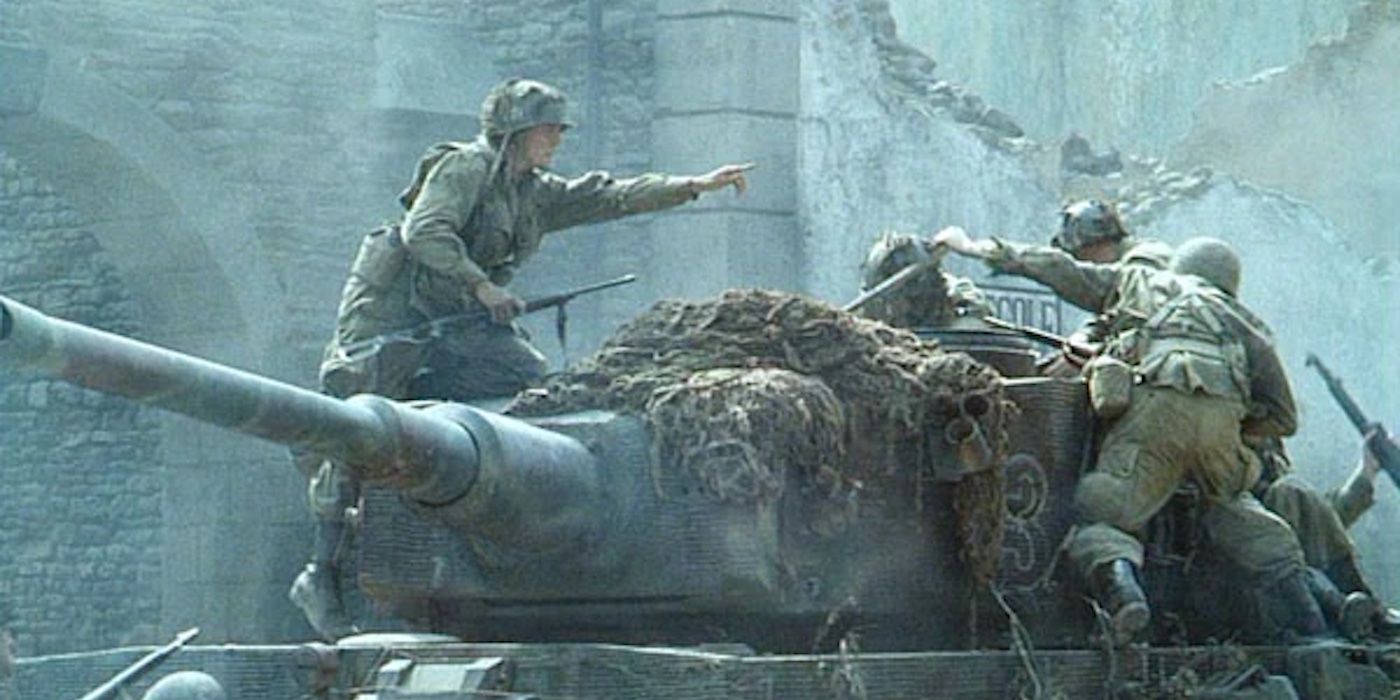 American troops swarm a German tank in Ramelle in &lsquo;Saving Private Ryan&rsquo;