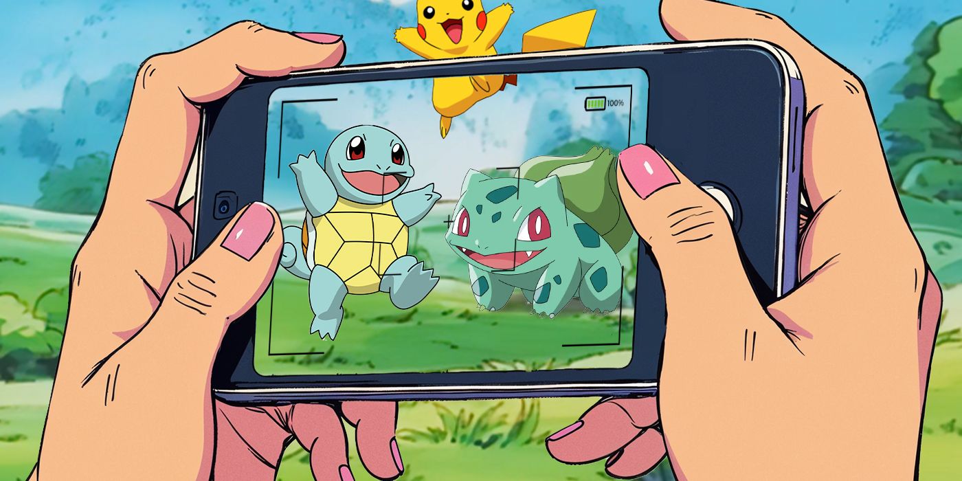 Blended image showing hands taking a photo of a Squirtle and Bulbasaur with Pikachu jumping in an open field.