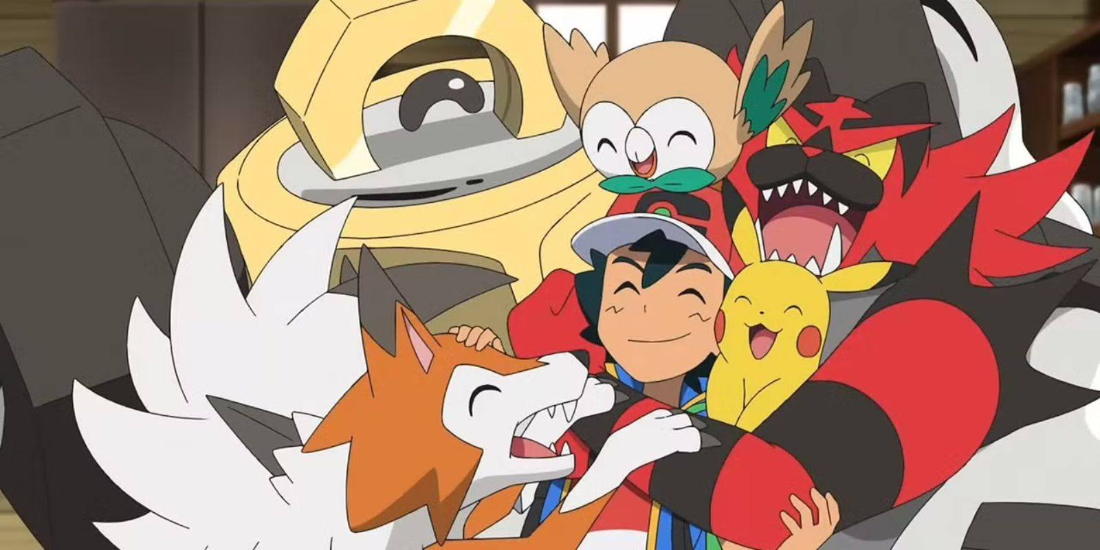 Ash's being embraced by his Alola team in Pokémon