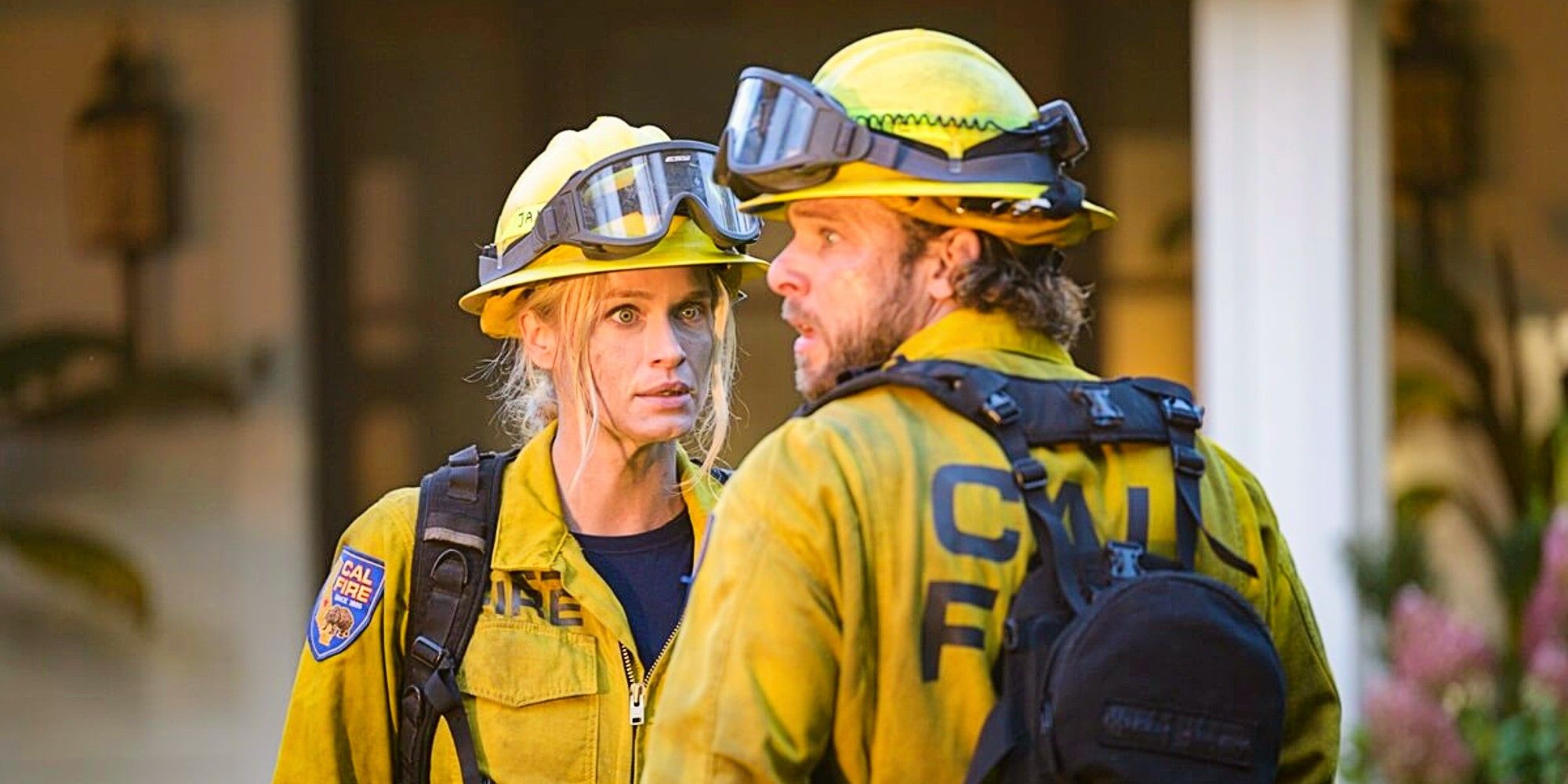 Audrey and Bode in their firefighting gear together in Fire Country Season 3