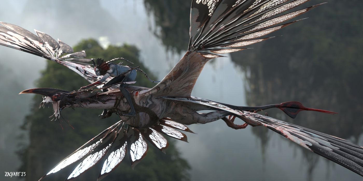 Concept art for Avatar 3 showing a Na'vi from the Ash tribe, riding on a flying creature.