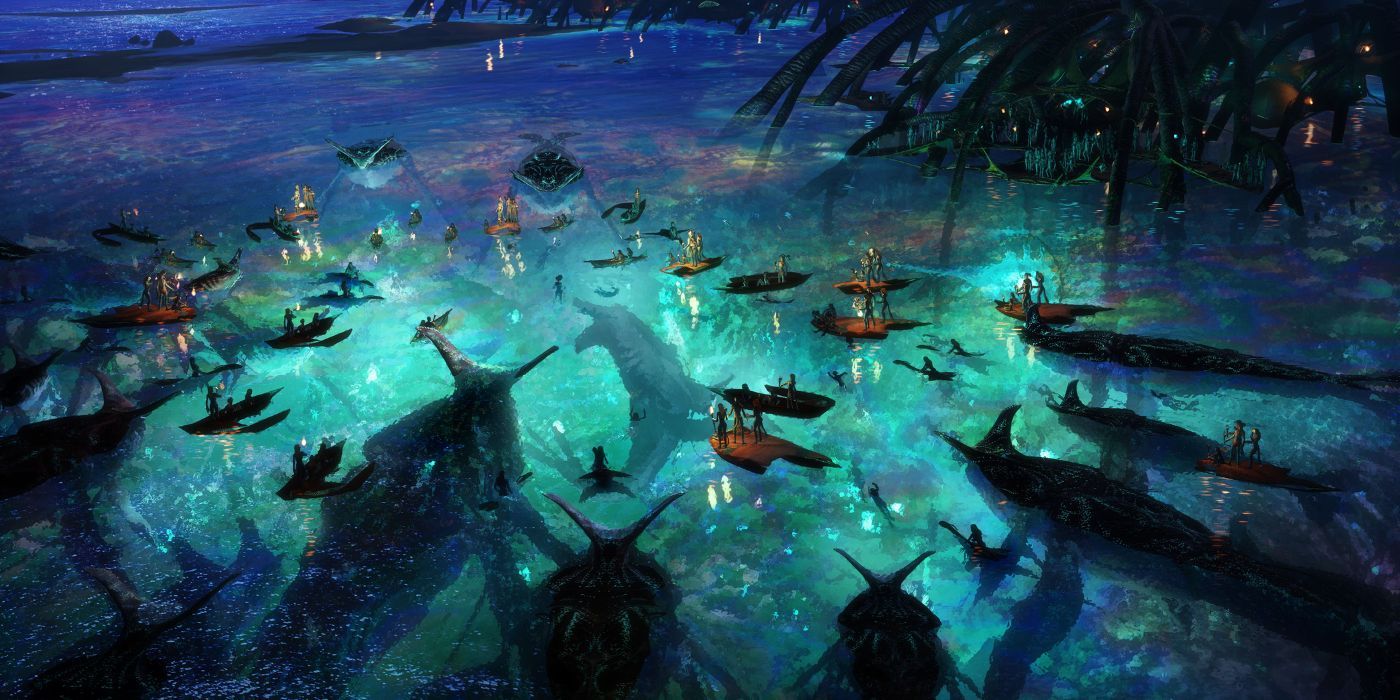 A group of Tulkun gather with the Na'vi at a lagoon in concept art for Avatar 3.