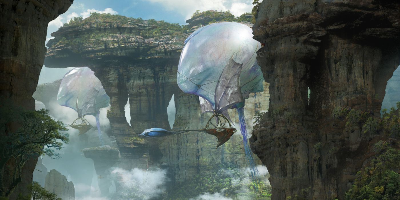 A ship flying amidst Pandora's rock spires in concept art for Avatar 3.