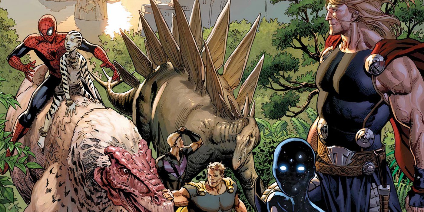 The Avengers with dinosaurs in the Savage Land in Marvel Comics