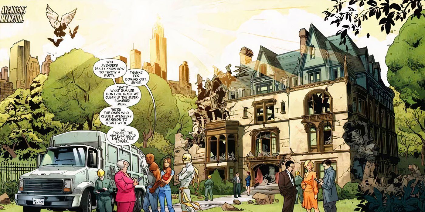 The Avengers standing outside a destroyed Avengers Mansion in Marvel Comics