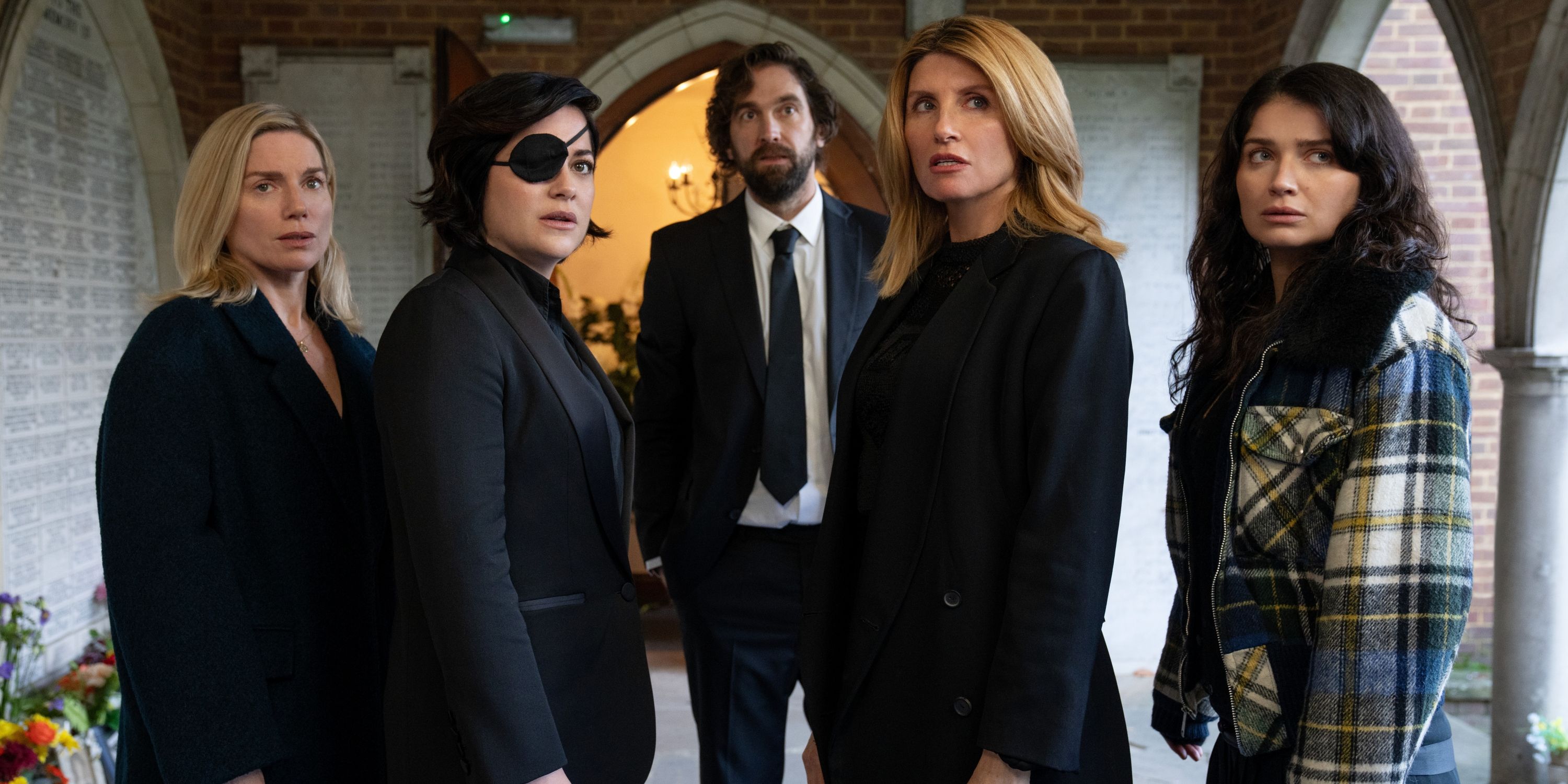 Eve Hewson as Becka at Grace&rsquo;s funeral with Sharon Horgan, Sarah Greene and Eva Birthistle in Bad Sisters