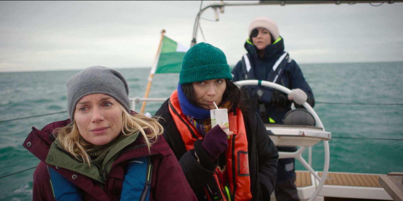 Eva Birthistle, Eve Hewson and Sarah Greene on a boat in Bad Sisters Season 2 Episode 5