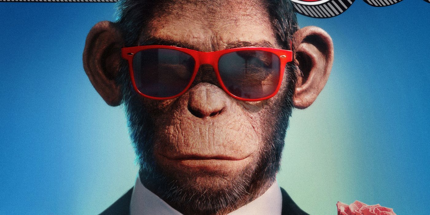 The CGI Robbie Williams Monkey wearing sunglasses on the poster for Better Man.