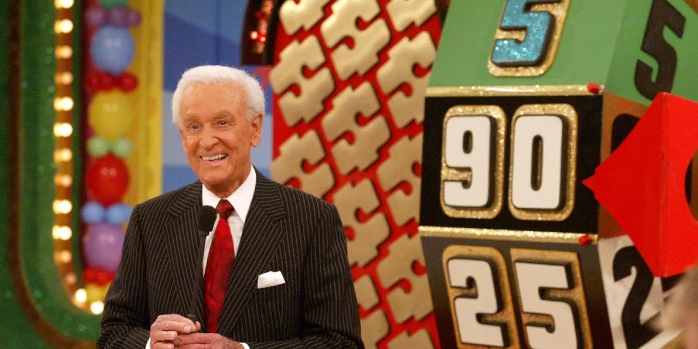 Host Bob Barker stands beside the Big Wheel on 'The Price is Right'