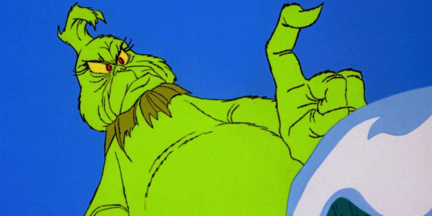 Boris Karloff as the animated Grinch frowning and pointing a finger in How the Grinch Stole Christmas.