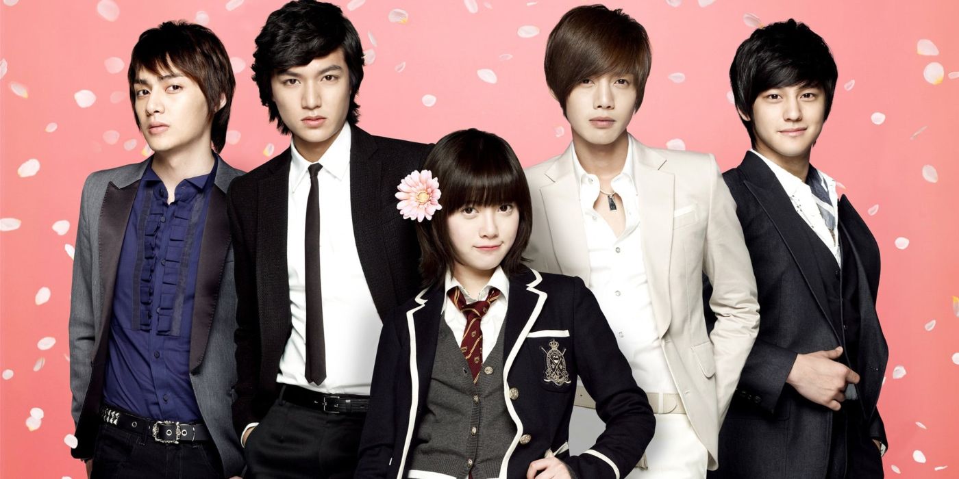 Characters from the K-drama Boys Over Flowers pose in front of a pastel pink background.