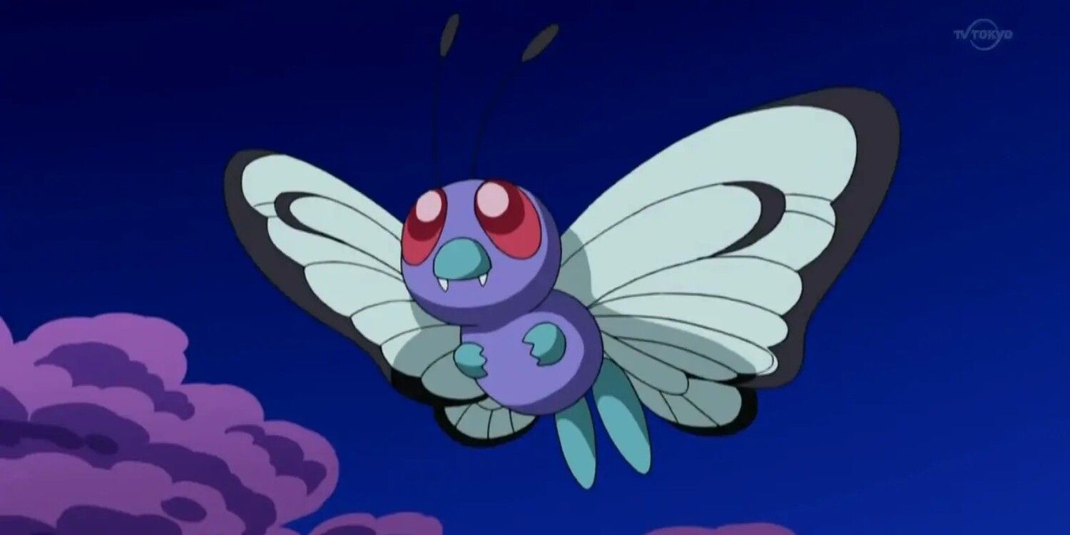 A butterfree flying through the sky in the Pokemon Black and White anime series