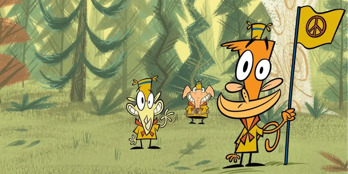 Lazlo holds a flag while Clam waves and Raj hides in the background in the animated series Camp Lazlo.