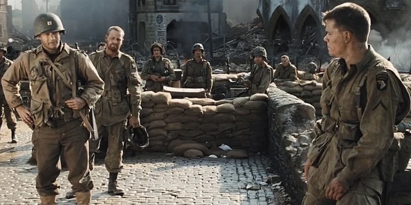 Captain Miller (Tom Hanks) meets Private Ryan (Matt Damon) in the streets of Ramelle in &lsquo;Saving Private Ryan&rsquo;