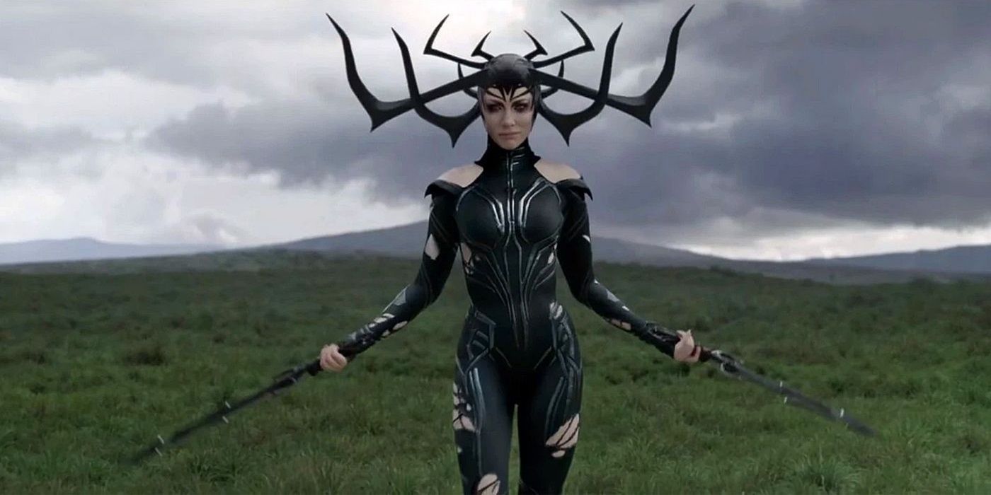 Cate Blanchett as Hela walking in an open field in Thor: Ragnarok.