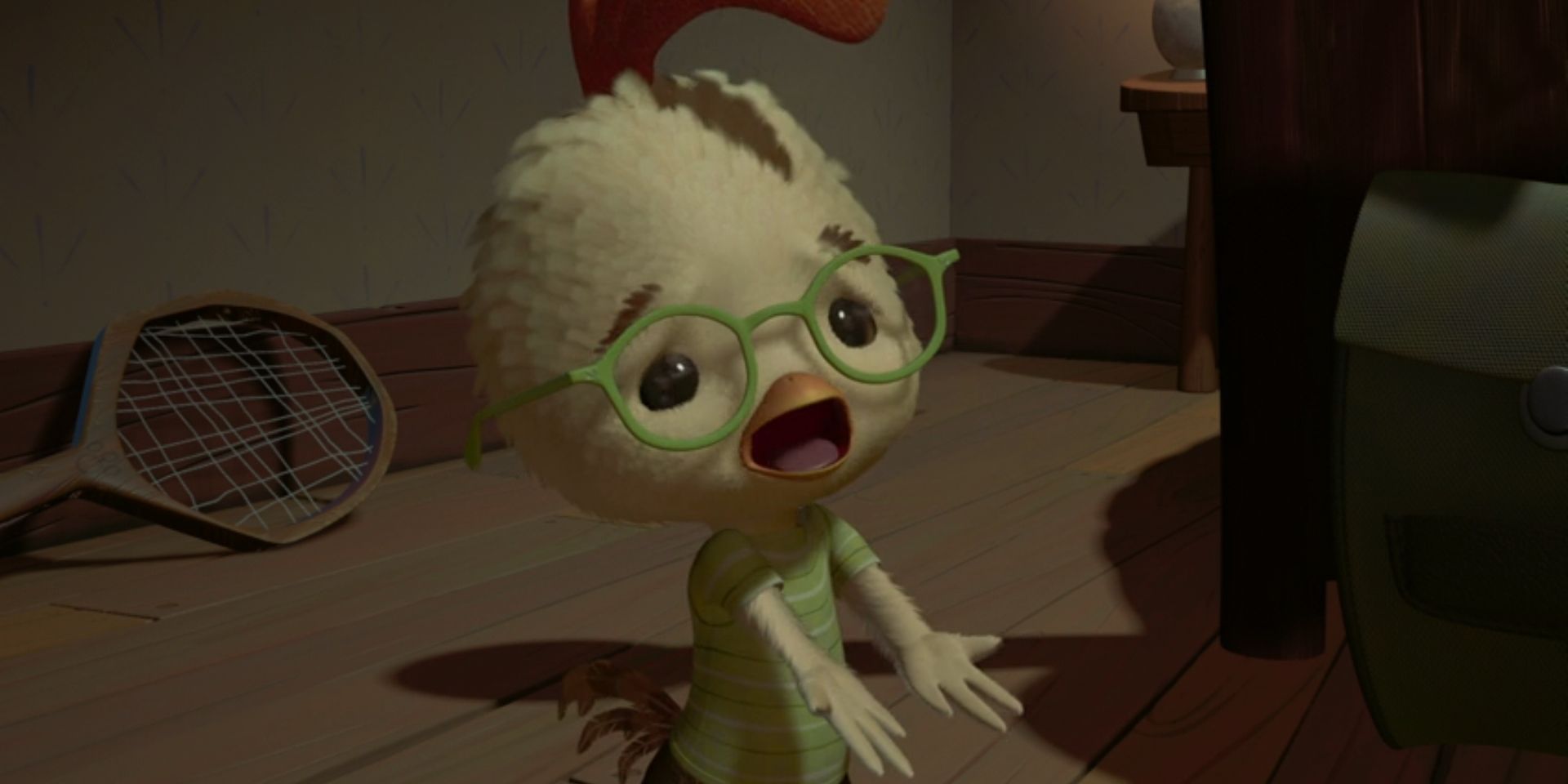 Chicken Little, voiced by Zach Braff, holds his arms out in 'Chicken Little'.