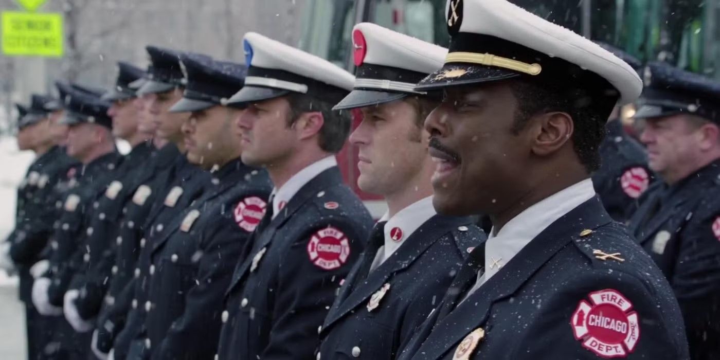 Chief Boden (Eamonn Walker) calls the team to stand at attention in the 'Chicago Fire' episode "A Coffin That Small"